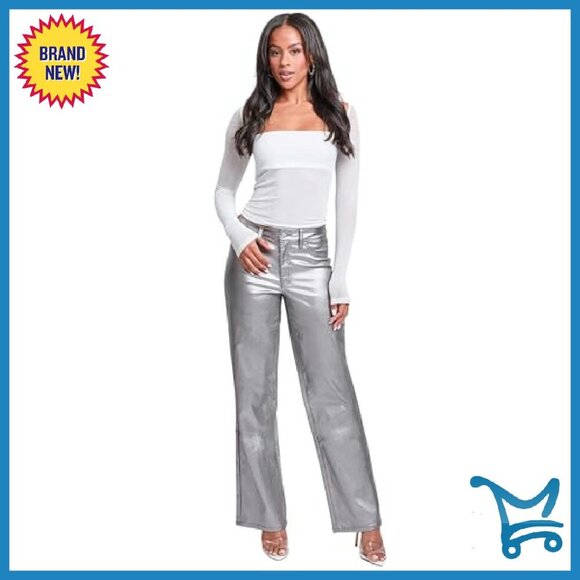 High Rise Straight Leg Metallic Pants Women's Hyperstretch Rayon Nylon Spandex - Picture 6 of 8